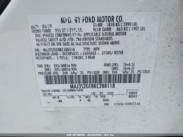 Photo 8 VIN: MAJ3S2GE8KC288118 - FORD ECOSPORT 