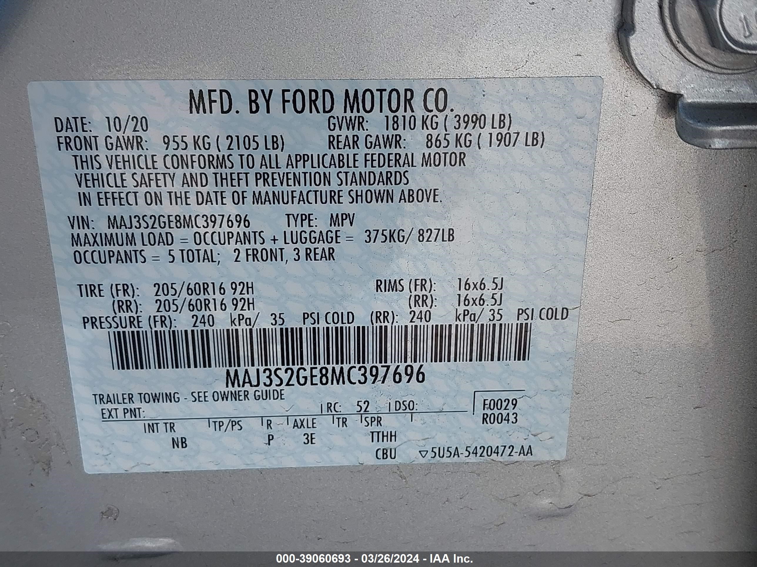 Photo 8 VIN: MAJ3S2GE8MC397696 - FORD ECOSPORT 