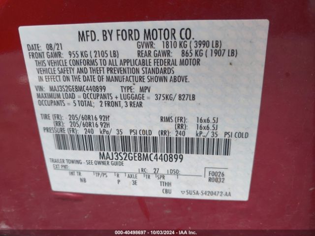 Photo 8 VIN: MAJ3S2GE8MC440899 - FORD ECOSPORT 