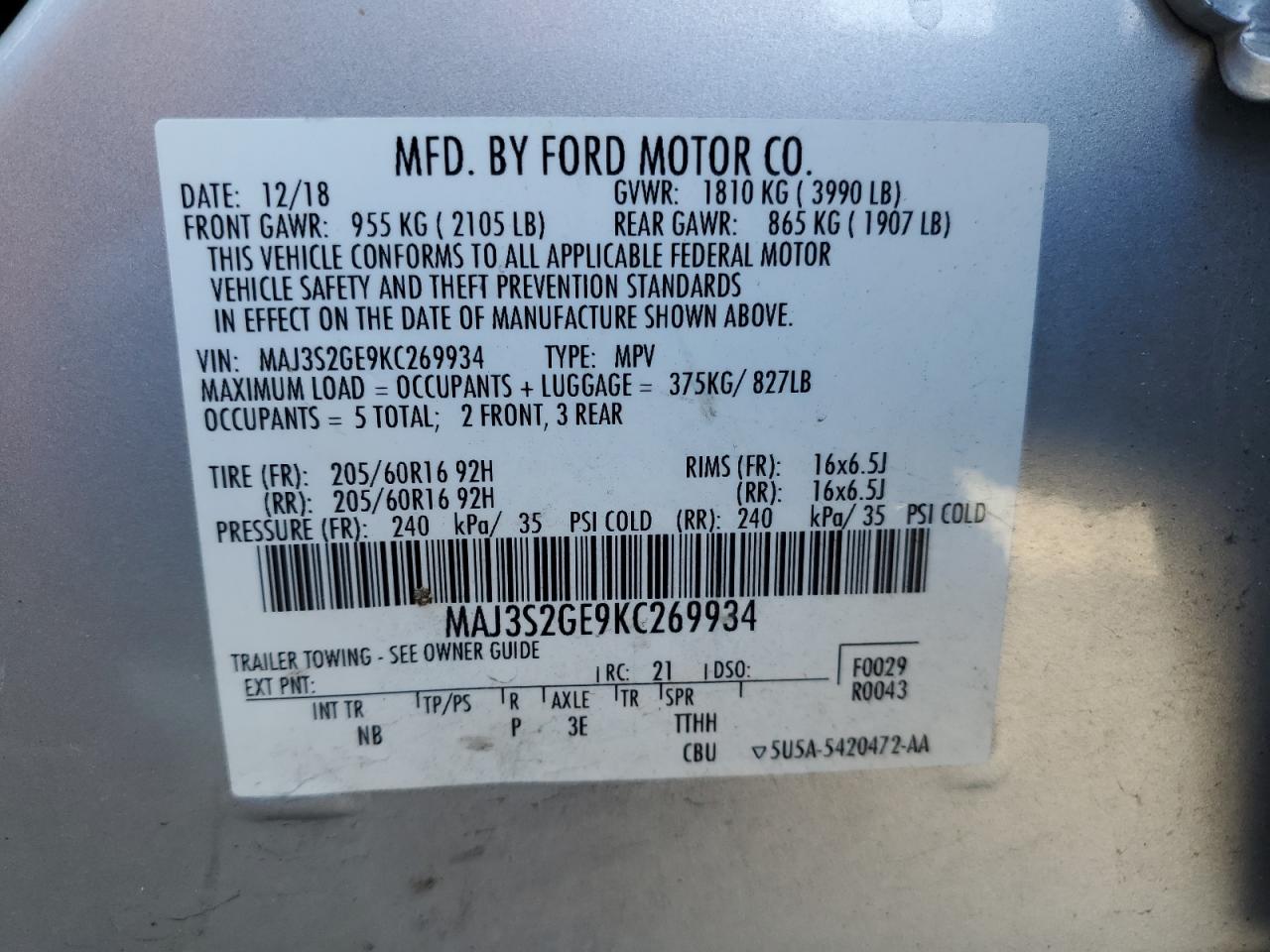 Photo 12 VIN: MAJ3S2GE9KC269934 - FORD ECOSPORT 