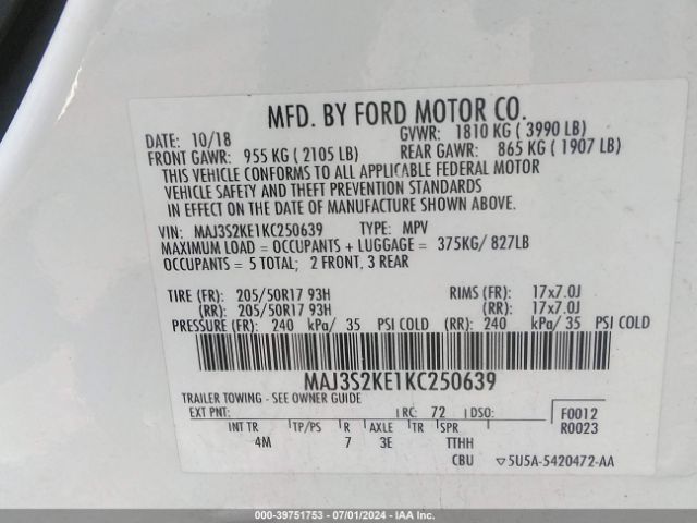 Photo 8 VIN: MAJ3S2KE1KC250639 - FORD ECOSPORT 