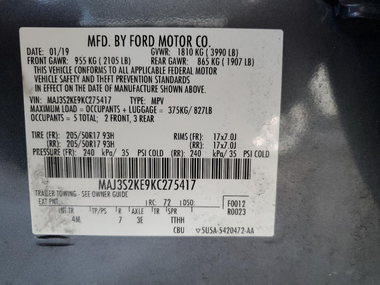 Photo 11 VIN: MAJ3S2KE9KC275417 - FORD ECOSPORT 