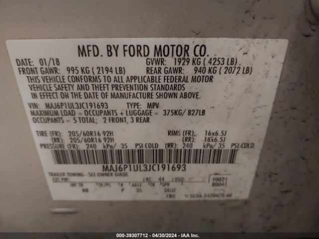 Photo 8 VIN: MAJ6P1UL3JC191693 - FORD ECOSPORT 