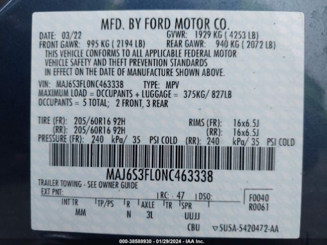 Photo 8 VIN: MAJ6S3FL0NC463338 - FORD ECOSPORT 