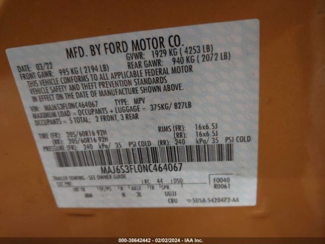 Photo 8 VIN: MAJ6S3FL0NC464067 - FORD ECOSPORT 