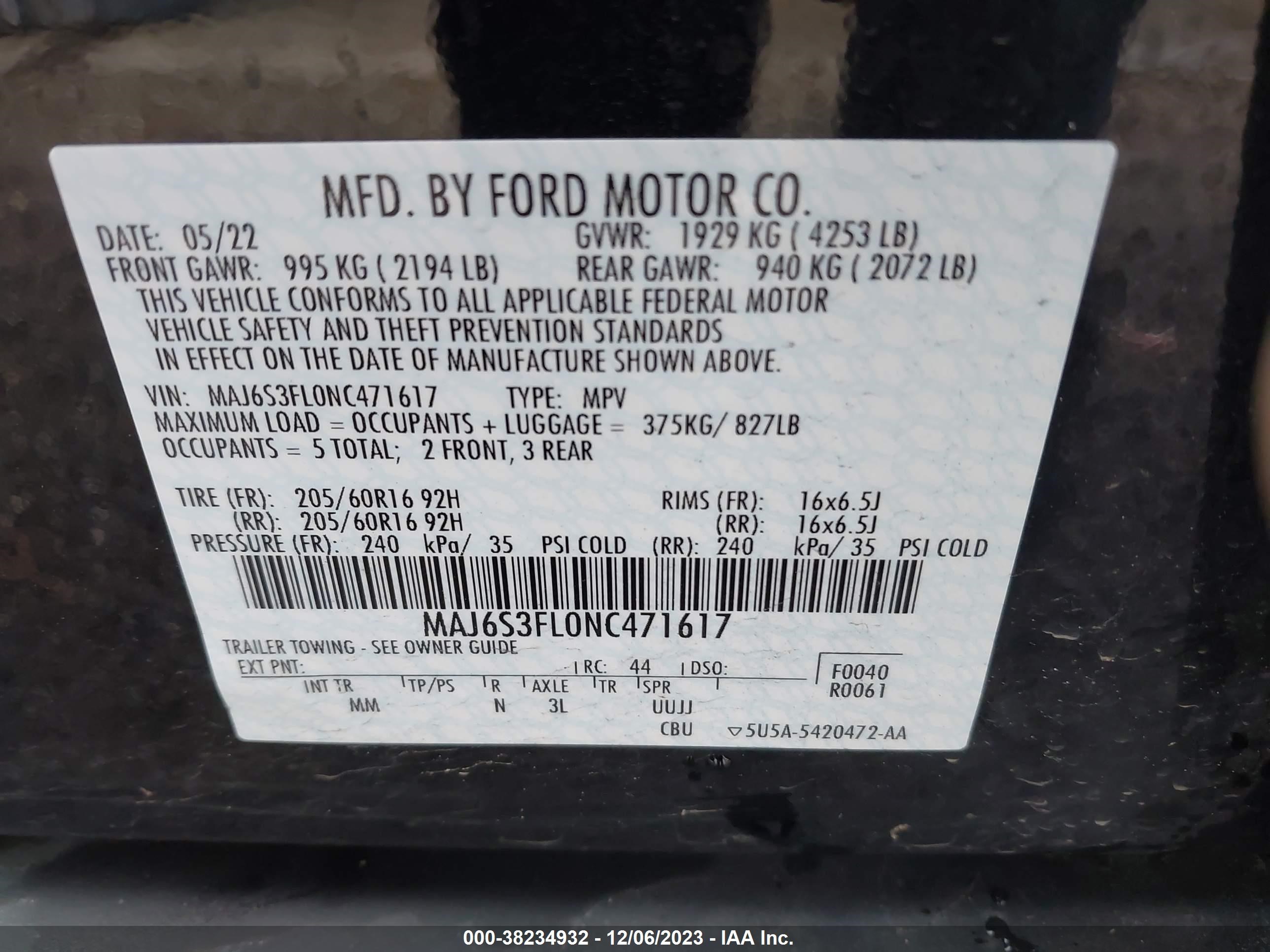 Photo 8 VIN: MAJ6S3FL0NC471617 - FORD ECOSPORT 