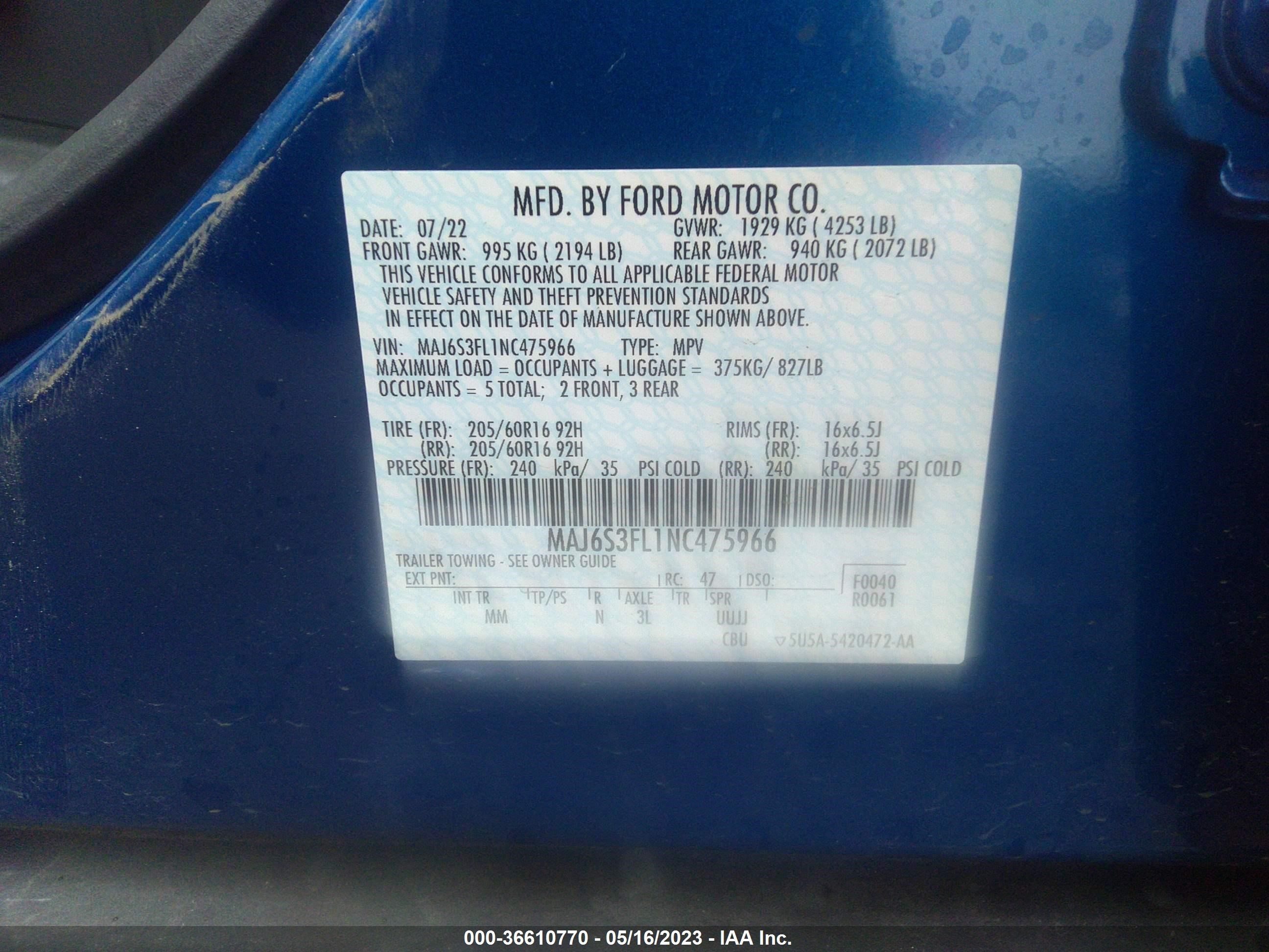 Photo 8 VIN: MAJ6S3FL1NC475966 - FORD ECOSPORT 