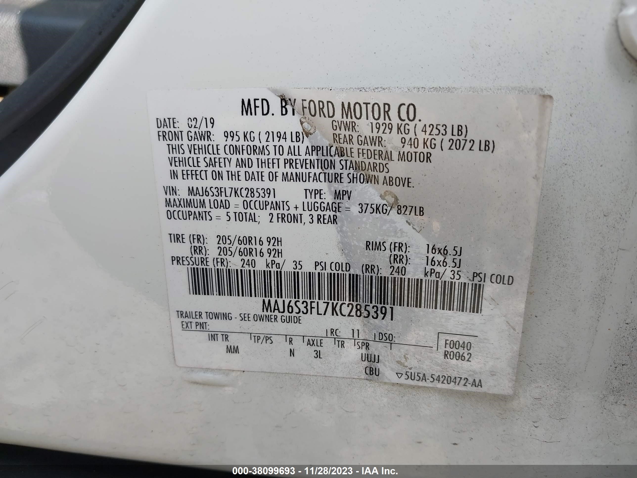 Photo 8 VIN: MAJ6S3FL7KC285391 - FORD ECOSPORT 