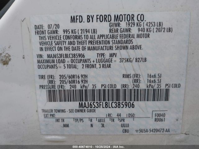 Photo 8 VIN: MAJ6S3FL8LC385906 - FORD ECOSPORT 