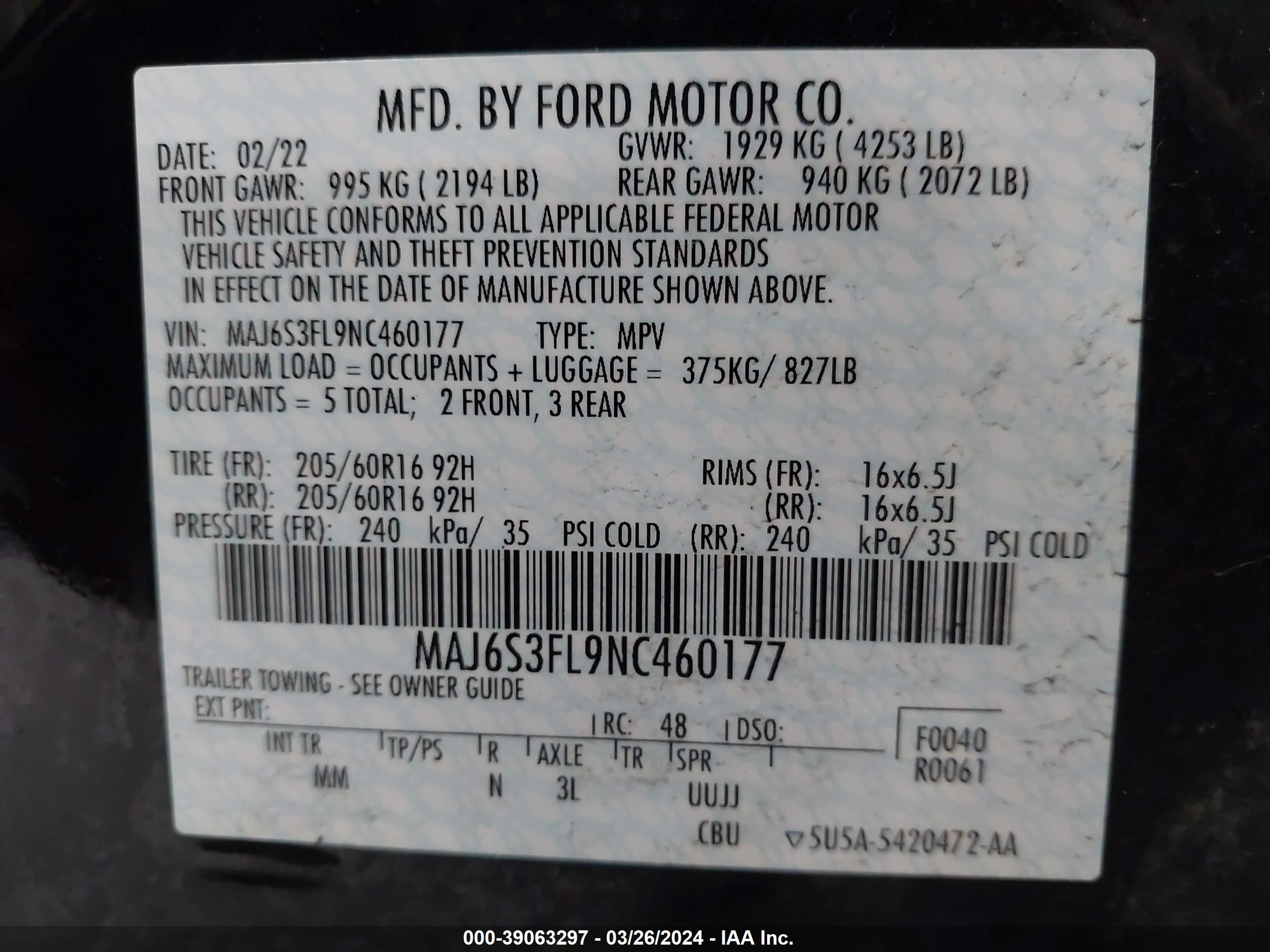 Photo 8 VIN: MAJ6S3FL9NC460177 - FORD ECOSPORT 