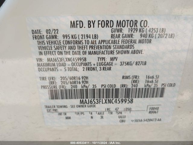 Photo 8 VIN: MAJ6S3FLXNC459958 - FORD ECOSPORT 