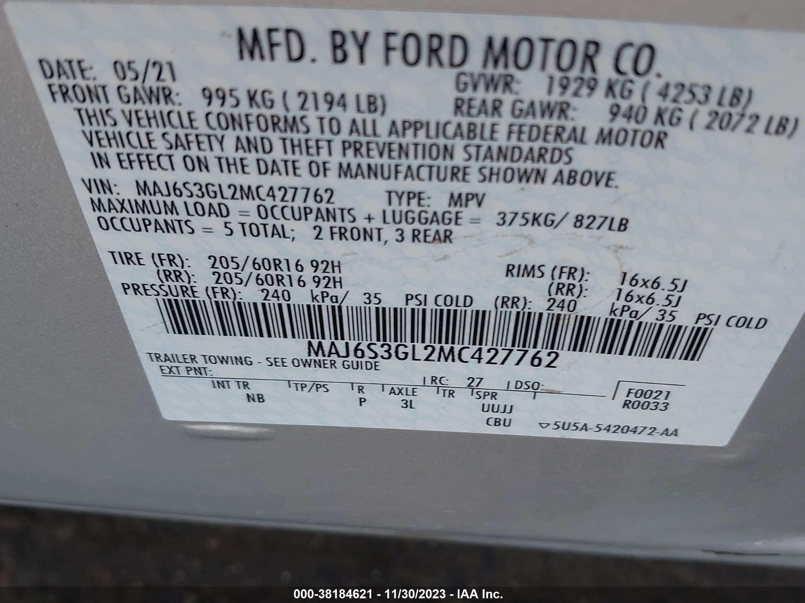 Photo 8 VIN: MAJ6S3GL2MC427762 - FORD ECOSPORT 