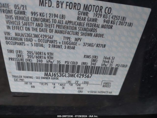 Photo 8 VIN: MAJ6S3GL3MC429567 - FORD ECOSPORT 