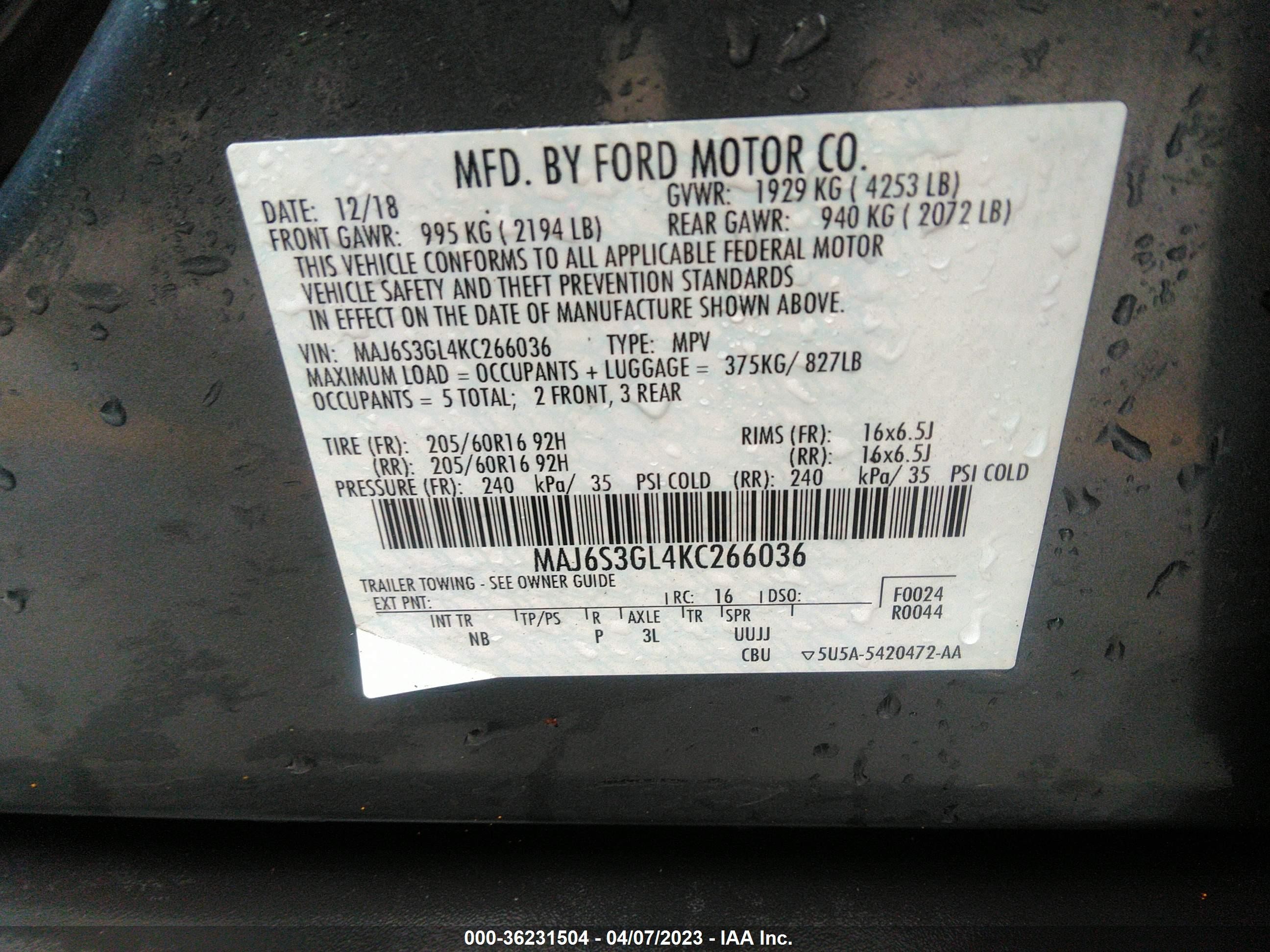 Photo 8 VIN: MAJ6S3GL4KC266036 - FORD ECOSPORT 