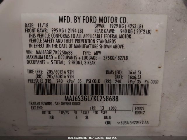 Photo 8 VIN: MAJ6S3GL7KC258688 - FORD ECOSPORT 