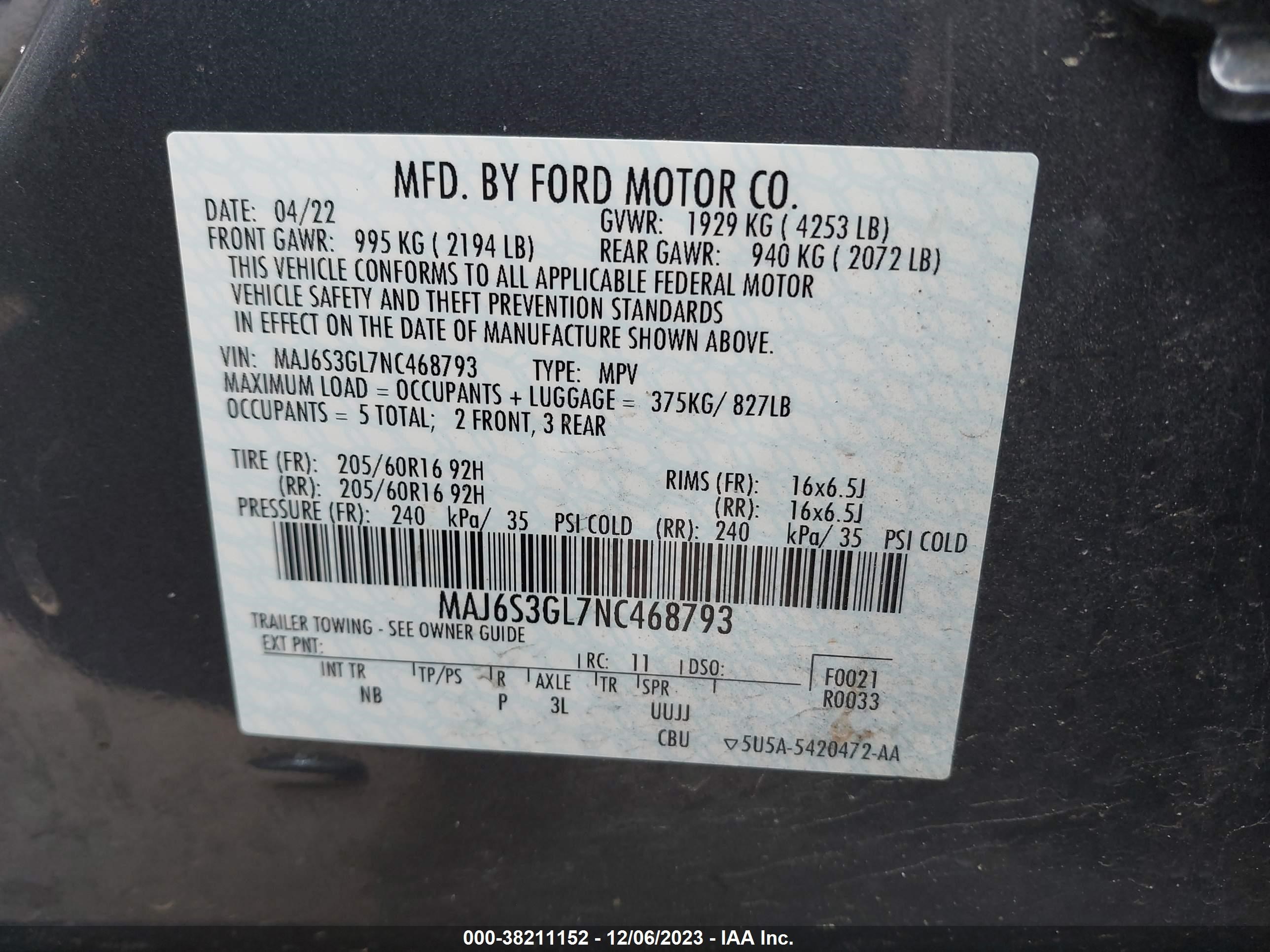 Photo 8 VIN: MAJ6S3GL7NC468793 - FORD ECOSPORT 