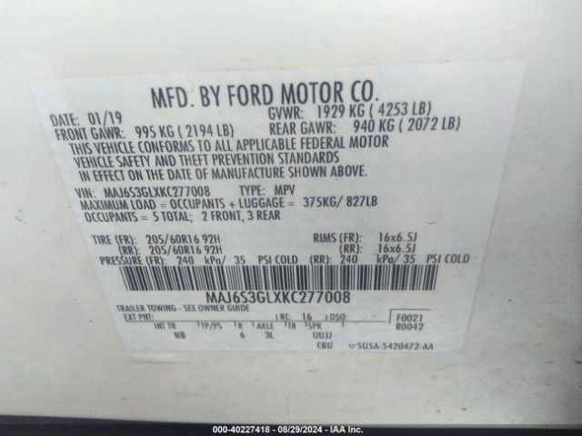 Photo 8 VIN: MAJ6S3GLXKC277008 - FORD ECOSPORT 