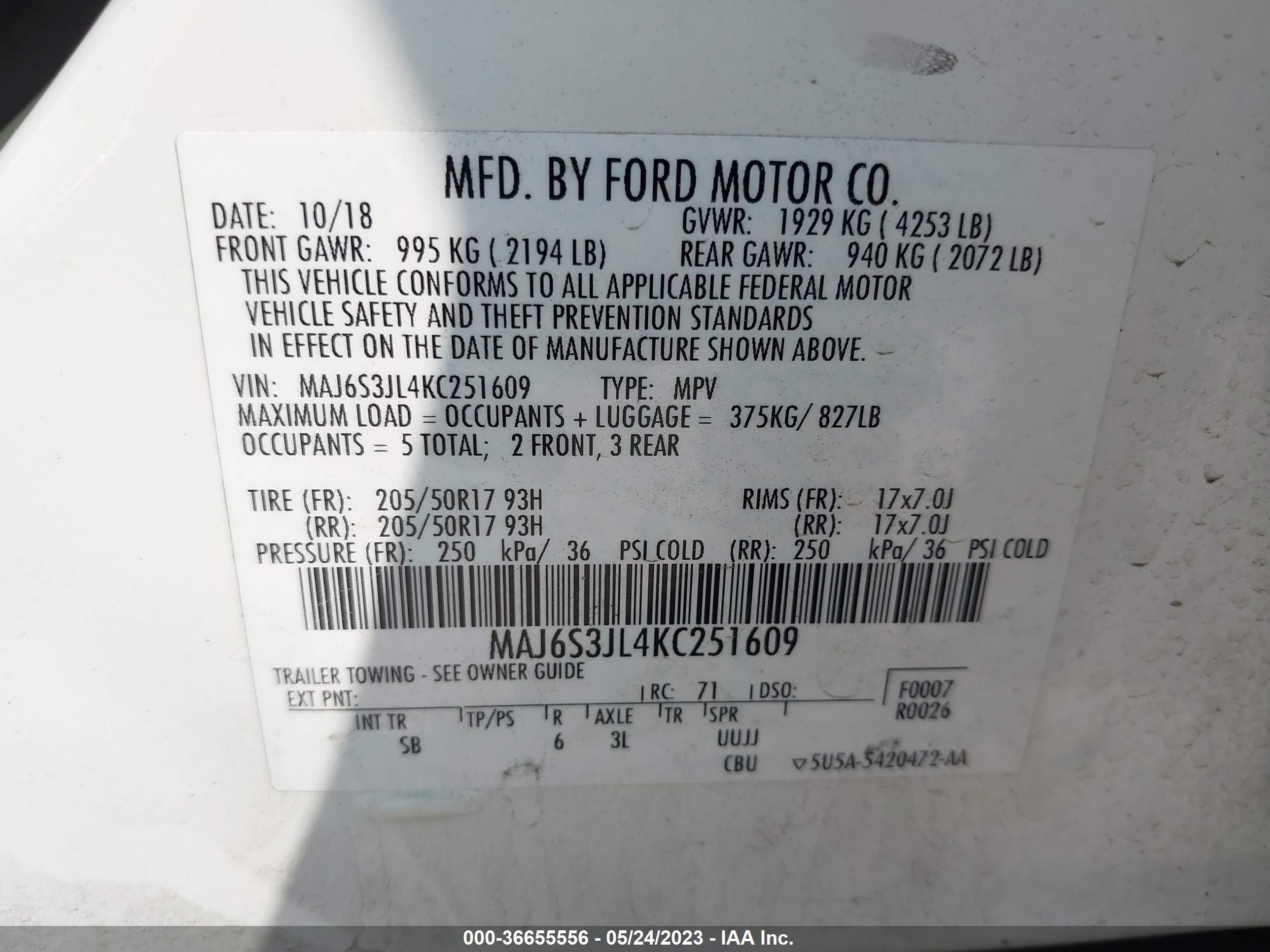 Photo 8 VIN: MAJ6S3JL4KC251609 - FORD ECOSPORT 