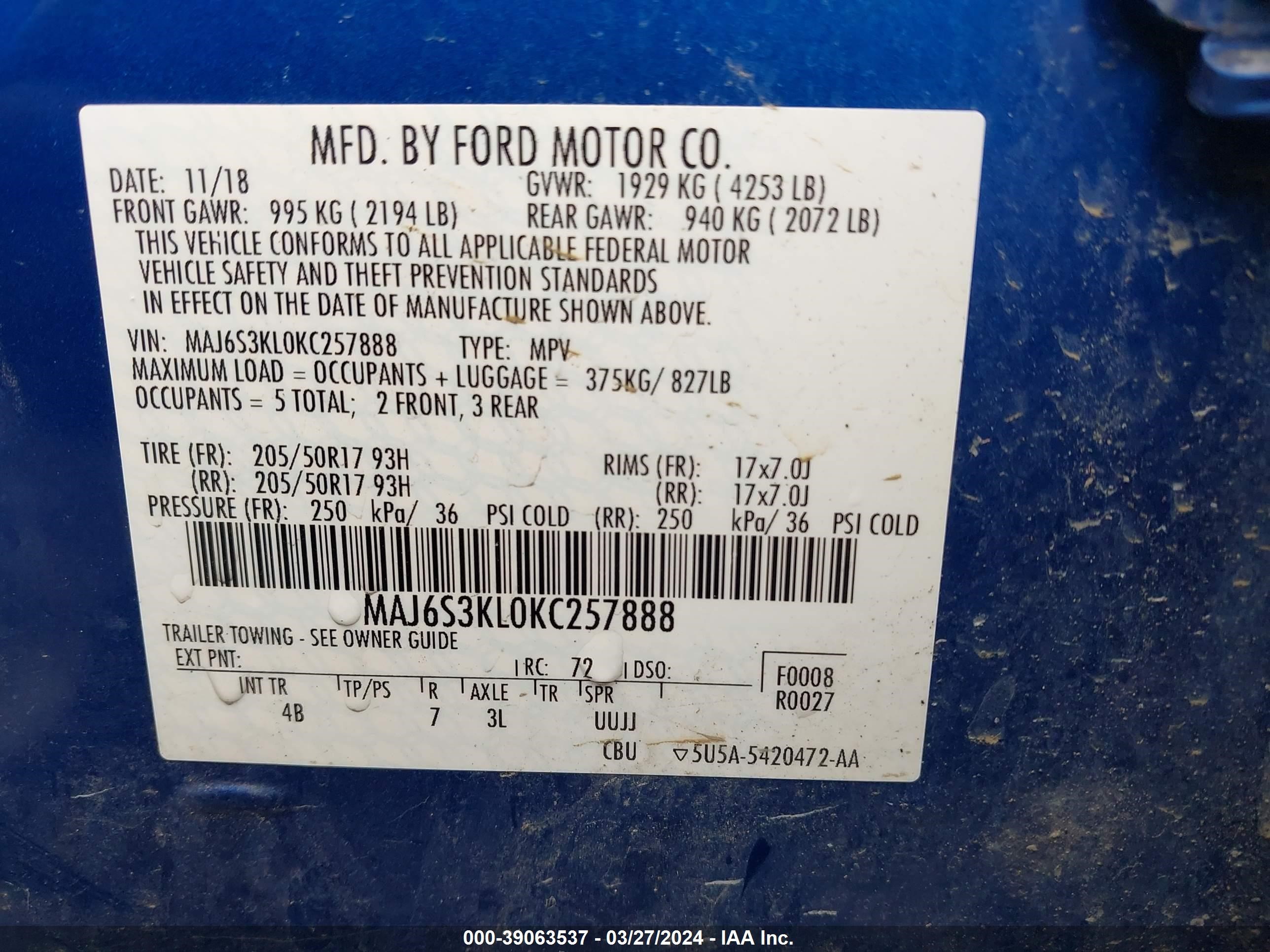 Photo 8 VIN: MAJ6S3KL0KC257888 - FORD ECOSPORT 