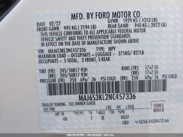 Photo 8 VIN: MAJ6S3KL2NC457336 - FORD ECOSPORT 