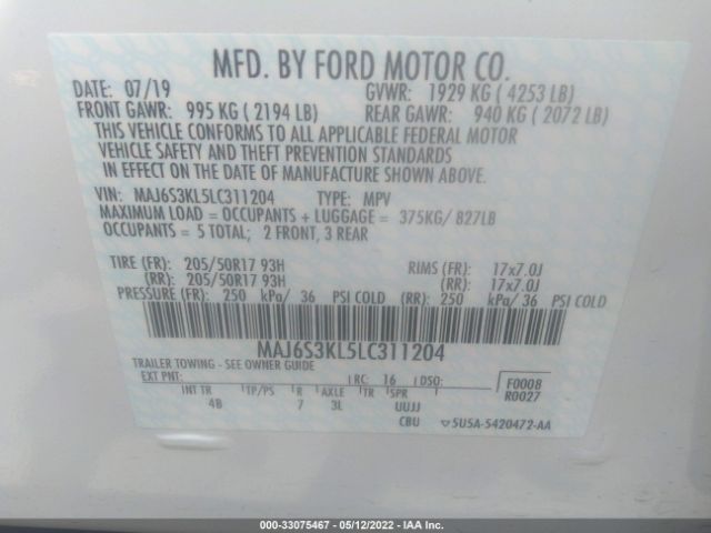 Photo 8 VIN: MAJ6S3KL5LC311204 - FORD ECOSPORT 