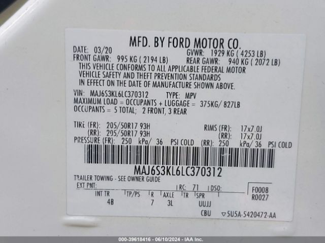 Photo 8 VIN: MAJ6S3KL6LC370312 - FORD ECOSPORT 