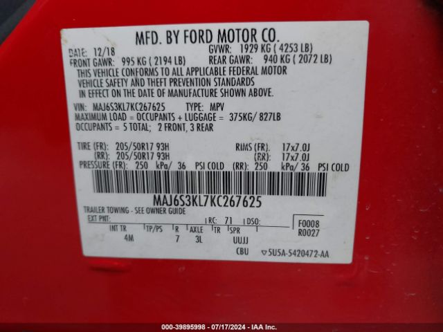 Photo 8 VIN: MAJ6S3KL7KC267625 - FORD ECOSPORT 