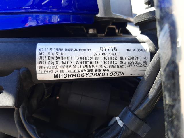 Photo 9 VIN: MH3RH06Y2GK010025 - YAMAHA YZFR3 