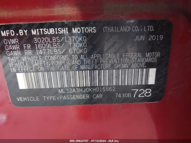 Photo 8 VIN: ML32A3HJ0KH015562 - MITSUBISHI MIRAGE 