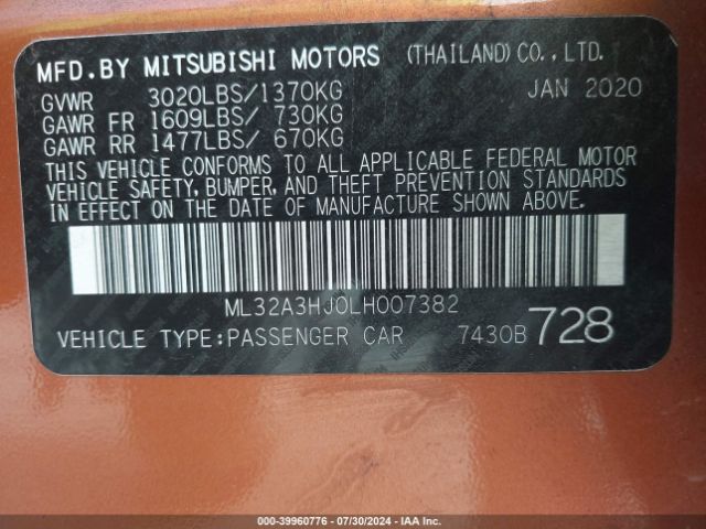 Photo 8 VIN: ML32A3HJ0LH007382 - MITSUBISHI MIRAGE 