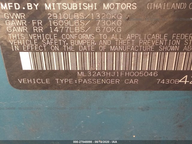 Photo 8 VIN: ML32A3HJ1FH005046 - MITSUBISHI MIRAGE 