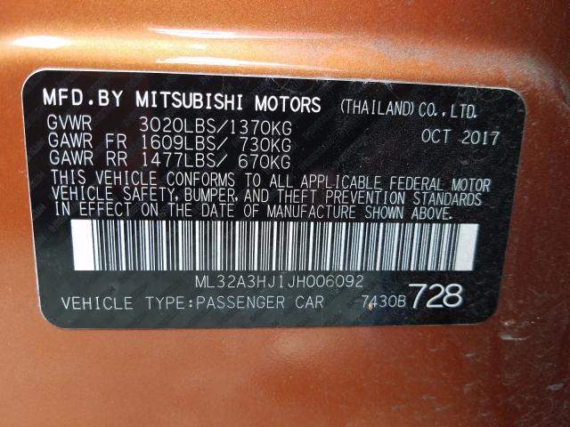 Photo 9 VIN: ML32A3HJ1JH006092 - MITSUBISHI MIRAGE ES 