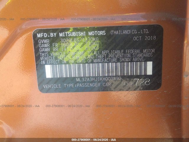 Photo 8 VIN: ML32A3HJ1KH003890 - MITSUBISHI MIRAGE 