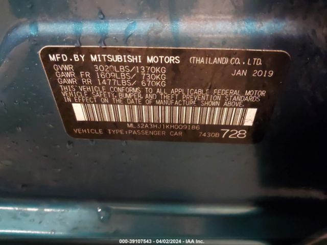 Photo 8 VIN: ML32A3HJ1KH009186 - MITSUBISHI MIRAGE 