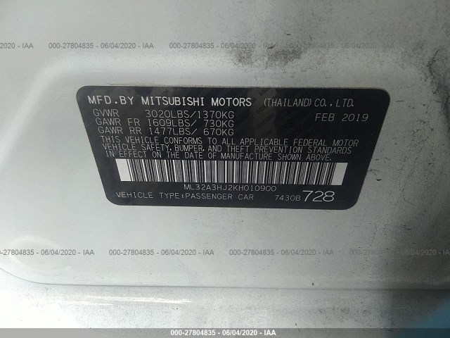 Photo 8 VIN: ML32A3HJ2KH010900 - MITSUBISHI MIRAGE 