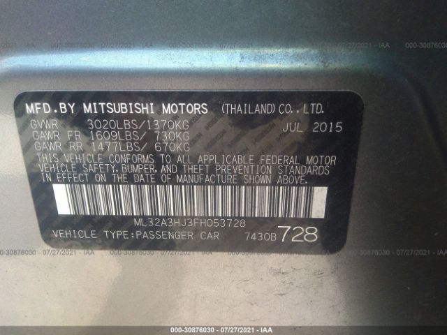 Photo 8 VIN: ML32A3HJ3FH053728 - MITSUBISHI MIRAGE 