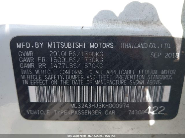 Photo 8 VIN: ML32A3HJ3KH000974 - MITSUBISHI MIRAGE 