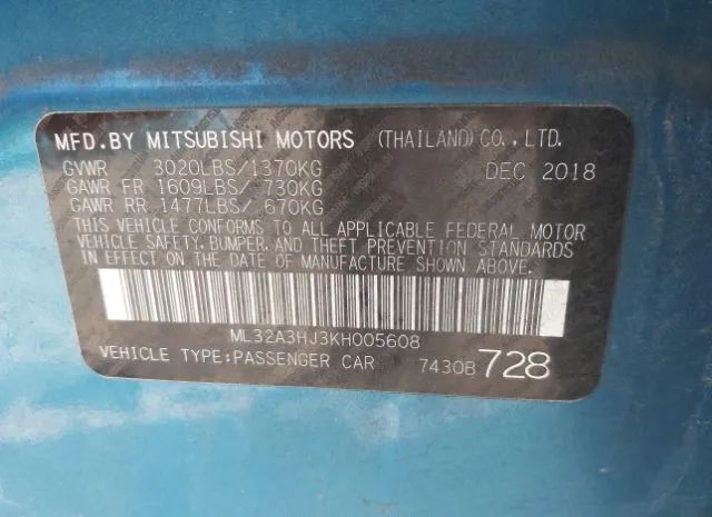 Photo 8 VIN: ML32A3HJ3KH005608 - MITSUBISHI MIRAGE 