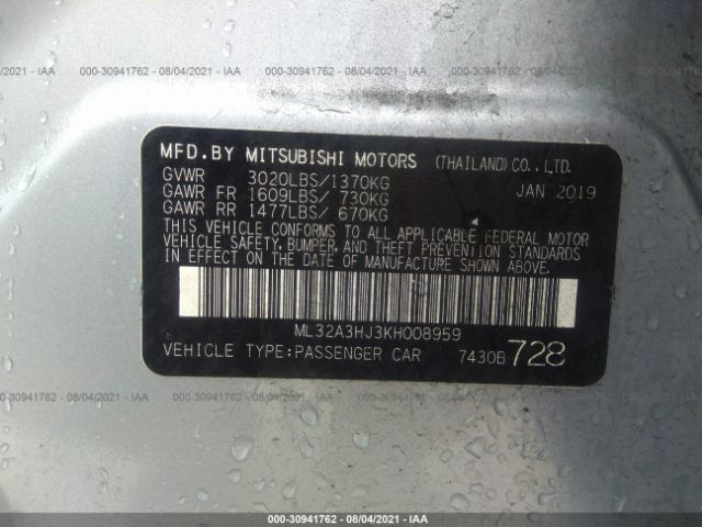 Photo 8 VIN: ML32A3HJ3KH008959 - MITSUBISHI MIRAGE 