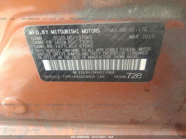 Photo 8 VIN: ML32A3HJ3KH011568 - MITSUBISHI MIRAGE 