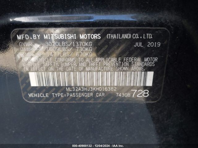 Photo 8 VIN: ML32A3HJ3KH016382 - MITSUBISHI MIRAGE 