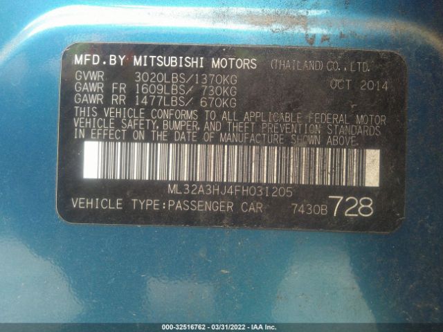 Photo 8 VIN: ML32A3HJ4FH031205 - MITSUBISHI MIRAGE DE 