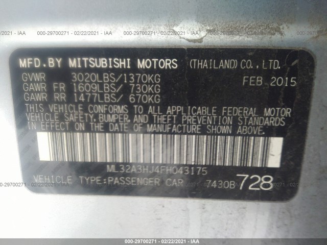 Photo 8 VIN: ML32A3HJ4FH043175 - MITSUBISHI MIRAGE 