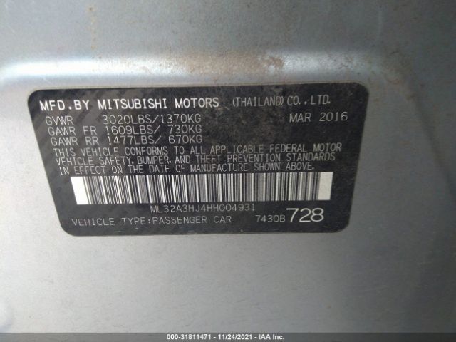 Photo 8 VIN: ML32A3HJ4HH004931 - MITSUBISHI MIRAGE 