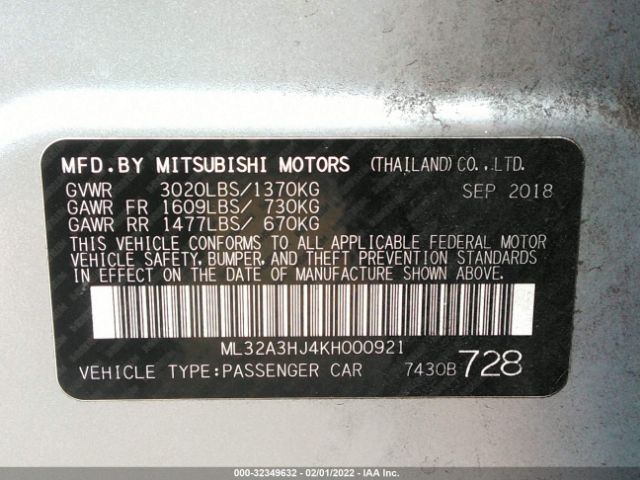 Photo 8 VIN: ML32A3HJ4KH000921 - MITSUBISHI MIRAGE 