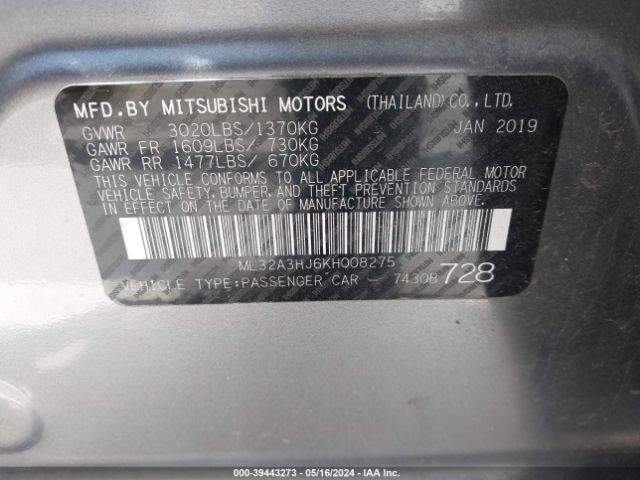 Photo 8 VIN: ML32A3HJ6KH008275 - MITSUBISHI MIRAGE 