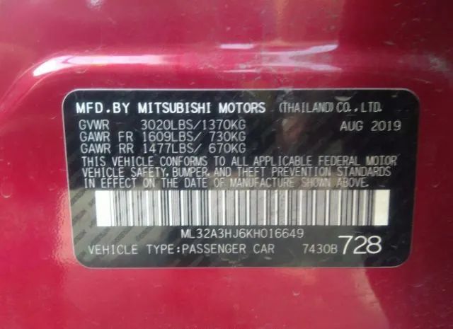 Photo 8 VIN: ML32A3HJ6KH016649 - MITSUBISHI MIRAGE 