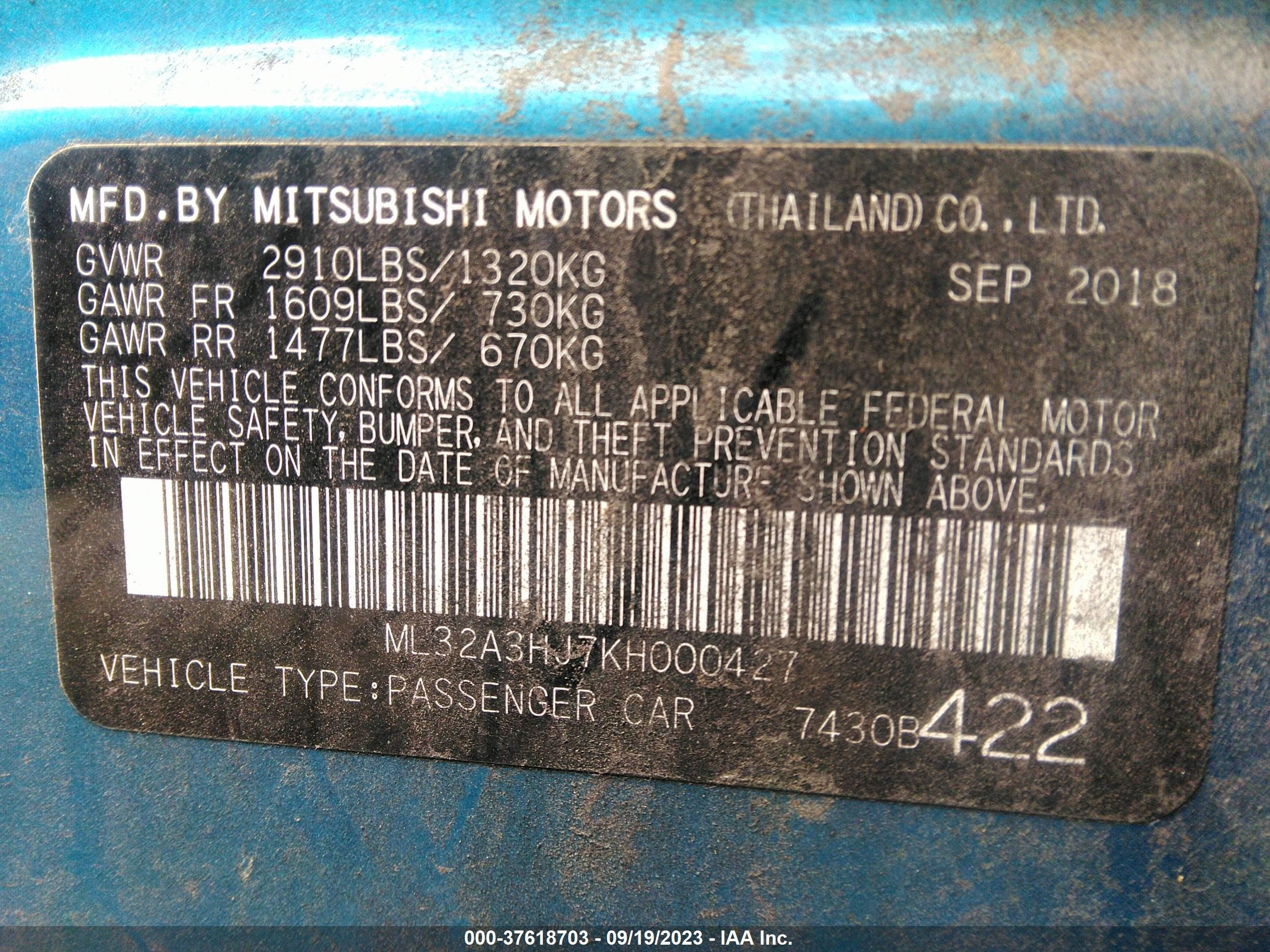 Photo 8 VIN: ML32A3HJ7KH000427 - MITSUBISHI MIRAGE 