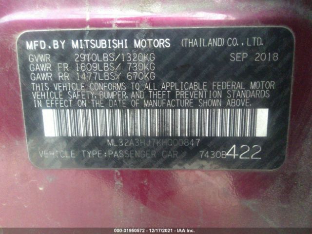 Photo 8 VIN: ML32A3HJ7KH000847 - MITSUBISHI MIRAGE 