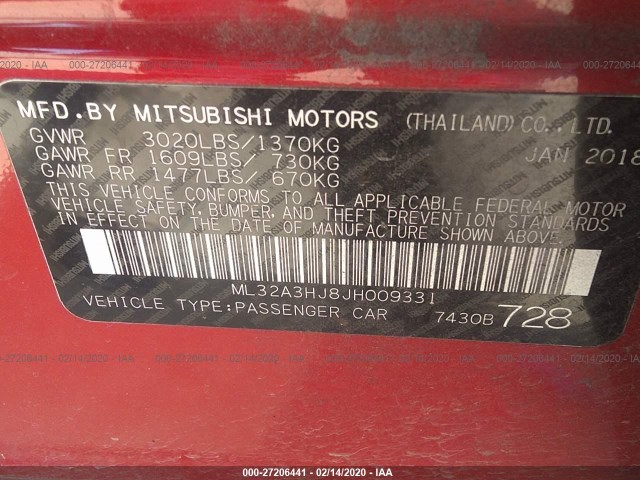 Photo 8 VIN: ML32A3HJ8JH009331 - MITSUBISHI MIRAGE 